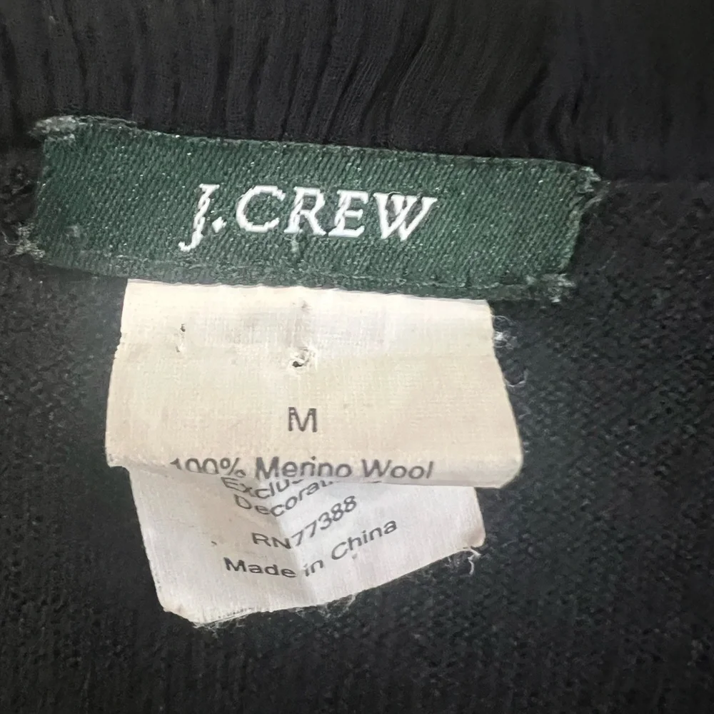 J Crew women's cardigan black, ruffled collar, 100 % merino wool button-down, M